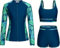 Kate Kasin 3-Teiliger Damen Badeanzug Langarm Reißverschluss Jacke Gepolsterter Sport-BH Badehose Schwimmanzug UV-Schutz Pfauenblaugrünes Blatt M