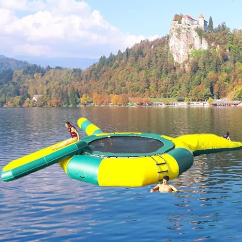 KLYDBMYT Aufblasbares Wassertrampolin, 10 Fuß 13 Fuß 16 Fuß aufblasbare Schwimmplattform mit Rutsche/Seetrampolin für Erwachsene und Kinder, Bounce Splash Pad Wassertrampolin