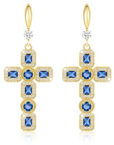 Linawe Kreuz Ohrringe Gold Hängend Ohrhänger, Saphir Blue Schmuck Damenohrringe Set, Kristall Strasssteine Modeschmuck Tropfen Hängende Ohrringe Kreuz Anhänger Geburtsstein