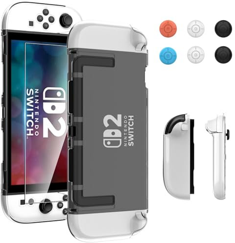 Anoowkoa Clear Case Compatible with Nintendo Switch 2 2025 7.9 Dockable Case,2 Soft TPU Cover for Switch Joy-Con with 1 Nintendo Switch 2 Tempered Glass Screen Protector and 6 Thumb Stick Caps