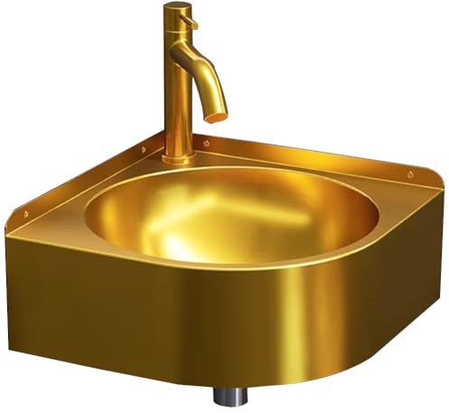 HEFJIAYCIQ Edelstahl-Eckwaschbecken Für Badezimmer, Dreieckiges Wandmontiertes Handwaschbecken Mit Wasserhahn, Für Esszimmer, Küche, Waschküche, Garten,Gold 1,32x32x15cm