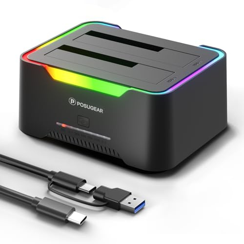 POSUGEAR Dual Bay Hard Disk Docking Station USB 3.2 Gen 1 per HDD/SSD SATA da 2,5 e 3,5 Pollici, Doppio Alloggiamento Dock per Disco Rigido Fino a 40TB con UASP e Cavo 2-in-1