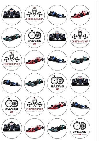 24 Precut Round Formula One Racing Car Sport themed Edible Wafer paper Cake Toppers