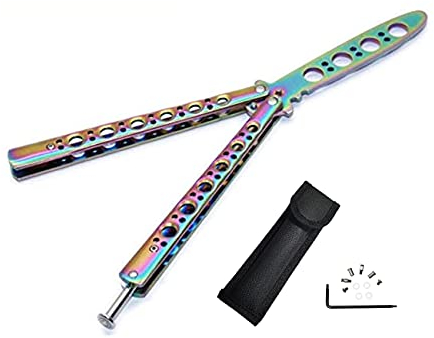 PAIDASHU Navaja Mariposa, para Entrenamiento, para Practicar, arcoíris, Metal, de Acero, desafilado, con Funda (Color)