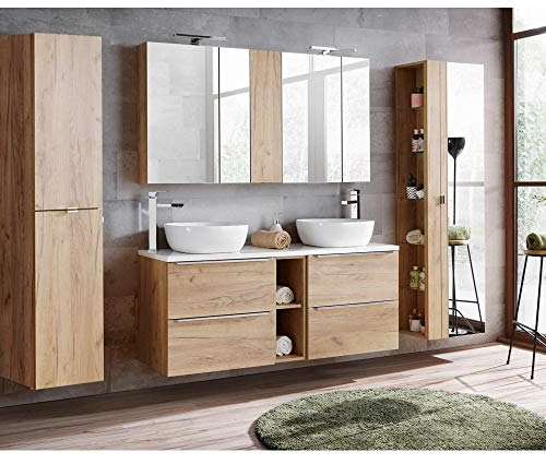 Lomadox Badezimmermöbel Set mit Doppelwaschtisch inkl. 2 Waschbecken, Wotaneiche & Hochglanz weiß, inkl. LED-Spiegelschrank