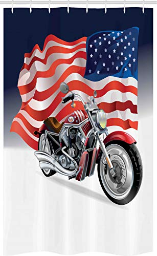 ABAKUHAUS amerikanisch Schmaler Duschvorhang, Motorrad und US-Flagge, Badezimmer Deko Set aus Stoff mit Haken, 120 x 180 cm, Indigo Scharlachrot