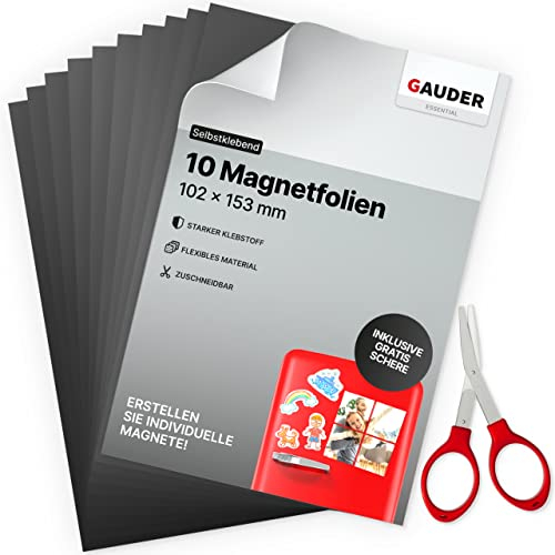 GAUDER Láminas Magnéticas Autoadhesivas (10 x 15 cm - 10 Piezas) | Hojas Magnéticas | Papel Magnético para Fotos y más