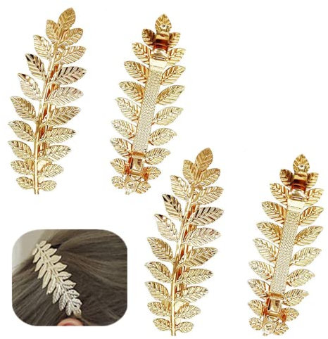 Moonoubeans 4 Pack Gold Feather Leaf Flower Metal Hair Clip Snap Leaves Hair Barrettes Claw Clamp Bobby Pin Alligator Hairclips Wedding Party Hair Decorations Accessories for Women Ladies