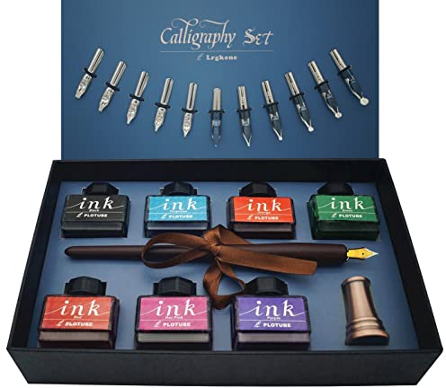 IDEAPOOL Stylos Plume de Calligraphie en Bois Encre Set, 7 Bouteilles d'encre, Fountain Dip Pen avec 12 Plumes, Porte-stylo Bronze et Manuel Pour Débutants