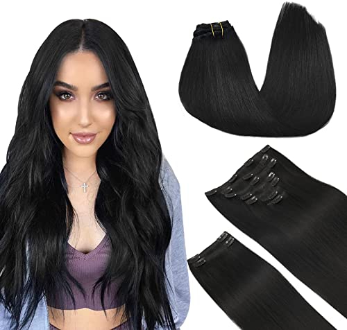 DOORES Haarverlängerung Echthaar Clip, Tief Schwarz 22 Zoll 9 Stück 150g Remy Menschlich Clips in Haarverlängerung Natürliche Echthaar Extensions Clip in Dicke Haare