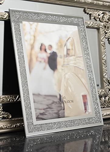 DEENZ A3 Glass Photo Frame Jewel Mirror Silver Loose Diamante Crushed Crystal Home Decor Picture Frame Gift Wedding Friends For Wall 29.7 X 42Cm