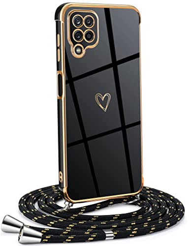Mkej Frauen Mädchen Handykette Kompatibel mit Samsung Galaxy A12/ M12 - Silikon Hülle mit Band - Handyhülle für Samsung A12/ M12 Herz Love Design Galvanik - Hülle mit Kordel in schwarzes Gold