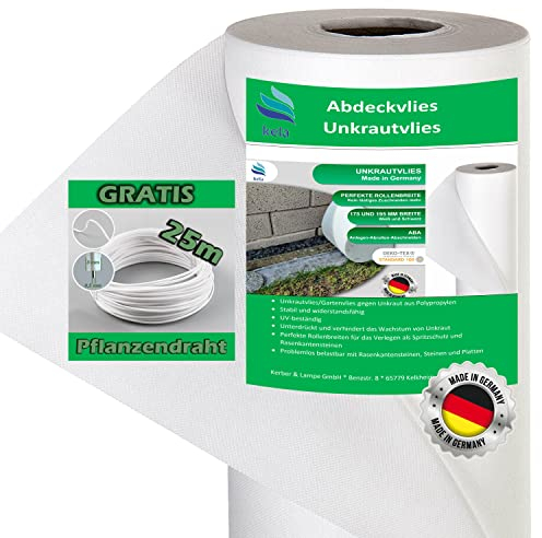 kela Unkrautvlies Gartenvlies gegen Unkraut – 30g/m² - 195 mm x 25 m - Gratis 25m Pflanzendraht - Made IN Germany - Spritzschutz Steinbeet – Rasenkantensteine Reißfestes Abdeckvlies - Weiß