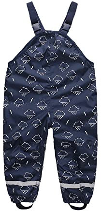 DAWILS Kids Rain Trousers Boys Waterproof Over Trousers Girls Waterproof Dungarees Childrens Cloud Lightning Rain Pants Toddler Puddle Suit for Outdoor Play 3-4 Years Navy Blue