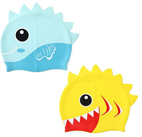 2 Piezas Gorro de Baño de Silicona Tiburón, Gorro de Baño de Silicona de Dibujos Animados, Gorras de Natación a Prueba de Fugas Set, Gorros de Baño para Niños y Niñas Fácil de Poner y Quitar