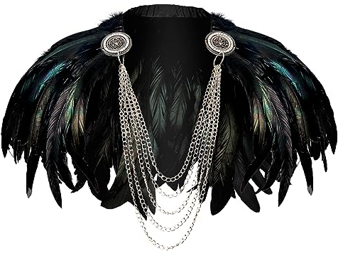 keland Gothic Feder Umhang Schal Schultertuch Stola Bolero Poncho mit Kette für Halloween Kostüm (Z-Schwarz)
