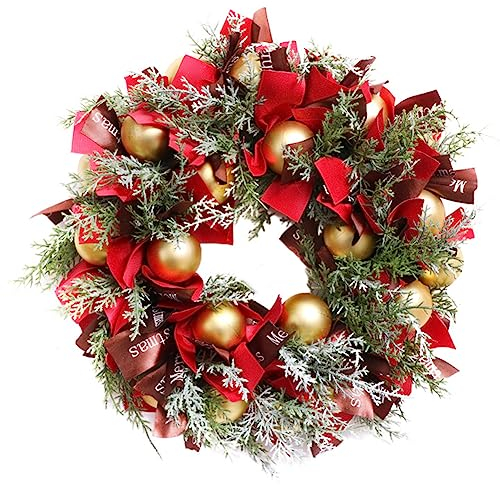 Starnearby Weihnachtskranz Türkranz Weihnachten Adventskranz für Haustür Türkranz mit Weihnachtskugeln und Schleife künstlicher Tannenkranz mit Deko 42 cm(Rot)