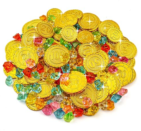 flintronic Goldmünzen Piratenschatz, 160 Stück Piraten Goldmünzen, Piraten Schmucksteine Set, Kinder Piraten Edelsteine, Piratenschatz Goldmünzen für Piratenparty Schatzsuche Spielzeug (50 +110 )
