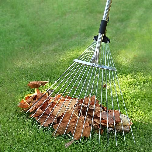Laubharke, Gartenharke, robuster Laubharken für Rasenflächen, Verstellbarer 25-Zinken-Rechen aus robustem Metall für die tägliche Entlaubung, Unkrautsortierung und Gartenreinigung Silber