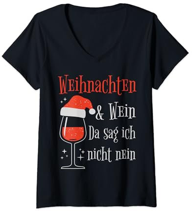 Weihnachten Wein Saufen Sprüche - Weinglas Weihnachtsmütze T-Shirt mit V-Ausschnitt