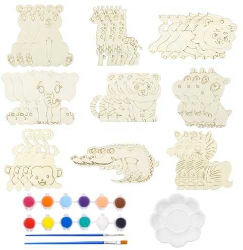 32 Stück Tier Bastelset Kit für Kindergeburtstag, Holz Tier Basteln für Kinder Mit 12 Farben und 2 Stiften für DIY Malen Dekoration (B)