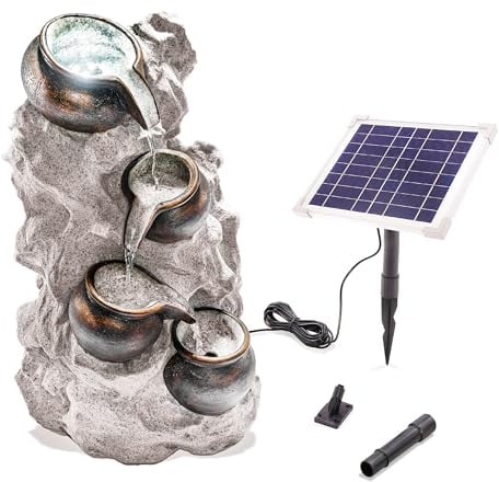 esotec Solar Felsen Kaskadenbrunnen, Akku, LED, Gartenliebhaber Geschenk, freistehender Springbrunnen, Gartenbrunnen Wasserspiel, Katzenbrunnen, Zierbrunnen, grau, H=30cm, außen, 101321