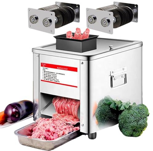 Commercial Slicer, Vegetable Cutter and Meat Grinder, Stainless Steel Small Meat Slicer with 15mm Replacement Blade, Used for Cutting Boneless Meat, Cooked Meat, Fish Fillets, Vegetable Shreds,10mm