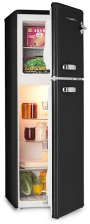 Klarstein Audrey Retro – Retro-Kühl-/Gefrierkombination, Kühl- und Gefrierschrank, Kühlschrank, stufenlos einstellbare Kühlleistung, Innenbeleuchtung, 41 dB Betriebsgeräusch, Schwarz