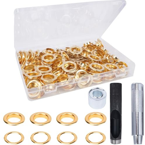 HO2NLE Juego de 100 perforadores de ojales de 20 mm, kit de herramientas de lona de metal con caja de almacenamiento para cortinas, lona, tela, cuero, ropa, zapatos, color dorado