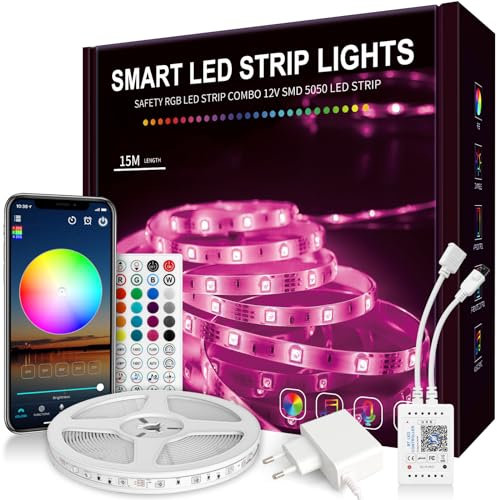 Nixtrve LED Strip 15m, LED Streifen 15m Selbstklebend mit Fernbedienung und App, LED Lichterkette LED Band Musik Sync LED Beleuchtung für Zimmer, Küche, Party