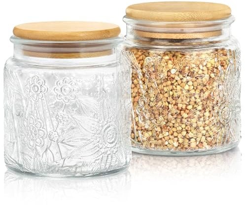 Skyspher 2 Pack Vintage Glass Canisters with Airtight Lids - Set of 2 Decorative Storage Jars for Tea, Coffee, Sugar, Nuts & Beans – Perfect for Kitchen Organization & Home Decor 500ml