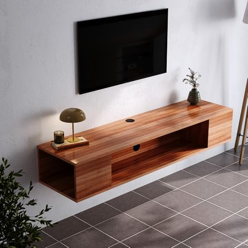 Floating TV Cabinet,Floating tv Unit with 3 Storage Shelves Wall-mounted TV Unit comes with holes for the Cable Management suit for Living Room Bedroom Office(wooden color,135 * 35 * 23cm)