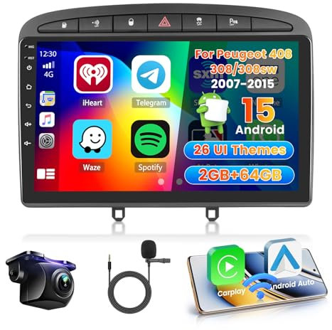 Roinvou 2+64G Schermo Radio per Peugeot 408/308/308sw 2007-2015 Wireless CarPlay Android Auto, Android Autoradio 9 Pollici Stereo Auto con Wi-Fi GPS Bluetooth EQ FM/RDS SWC Telecamera Posteriore
