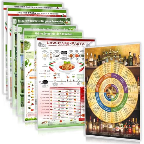 [7er Set] Mix & Cook - Die Kartenküche (2024) – 7 Helfer für den effizienten Küchenzauber - Grüne Smoothies, schnelle Pasta, stimmungsvolle Cocktails ... und Geschmack – 7teilig, DINA4, laminiert