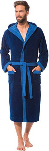 Morgenstern Bademantel Herren Blau mit Kapuze lang leicht Männer Morgenmantel Duschmantel Saunabademantel Microfaser Viskose Baumwolle Größe M