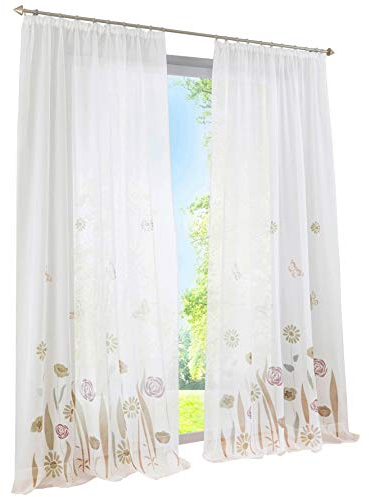 BAILEY JO 1er-Pack Gardine Kräuselband Floral Vorhänge Mit Blumen Schmetterling Transparent Voile Vorhang (braun, BxH 150x225cm)