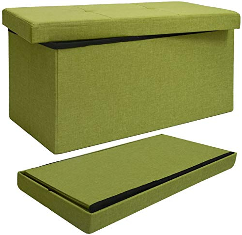 DuneDesign Faltbare Sitzbank 76x38x38cm Sitztruhe inkl Trennwand 80L Polsterbank Fußbank Ottomane Leinen-Optik Grün