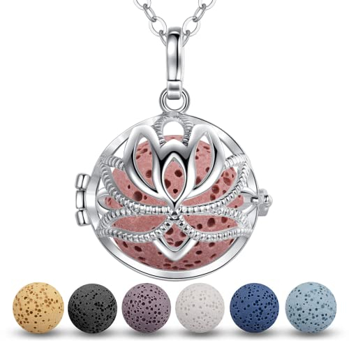 EUDORA Harmony Ball Baum des Lebens Halsketten für Frauen Aromatherapie Kette Damen Lebensbaum Anhänger Aroma Oel Diffuser Charme Schmuck Duftanhänger Natürlicher Lavastein Perlen Kette 5PCS,24