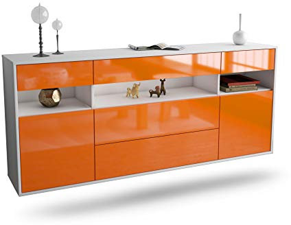 Dekati Sideboard Inglewood hängend (180x77x35cm) Korpus Weiss matt - Front Hochglanz Orange - Push to Open - Leichtlaufschienen