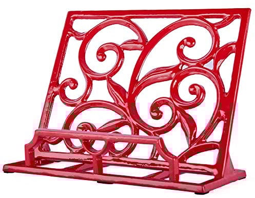 JOGREFUL Cookbook Stand, Cast Iron Heavy-Duty Recipe Book Holder, Kitchen Vintage Recipe Book Holder, Reading Rest Holder for Easel/Counter/Books/Magazine/iPad/Bible, Vine Pattern, Red