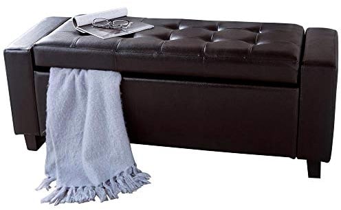 BAKAJI Sitzbank mit Stauraum für Schlafzimmer, Sitzbank mit Holzrahmen, Bezug aus Kunstleder, gepolsterter Sitz, Maße: 110 x 40 x 40 cm (Braun)