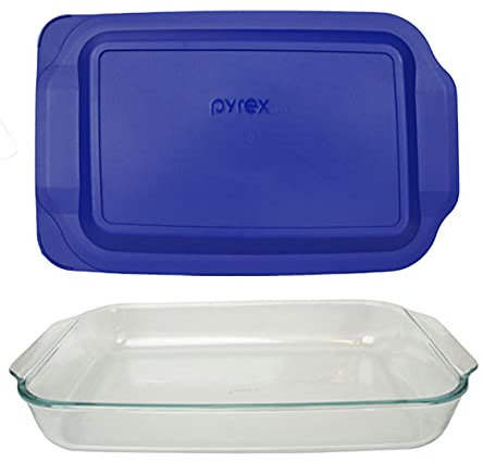 Pyrex 233 (3Qt) Glass Baking Dish with Blue Lagoon Lid - Made in USA | 9 x 15 Pan | Brownies & Cornbread | Cakes & Cinnamon Rolls | Casseroles & Side Dishes | Oven, Microwave & Freezer Safe