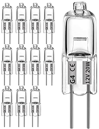 KAKALUOTE G4 Halogen Bulbs, 12 Pcs 20W 12V Halogen Light Bulbs 2 Pin Clear Capsule Lamp Bulb, Halogen-Pin-Base-Lamp Warm White Light Clear Capsule for Cooker Lighting, Signal Lights, Track Lighting