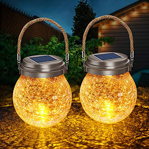 DBF Solar Lanterns Outdoor 2 Pack - Waterproof IP65 Hanging Solar Lights with Warm Amber & RGB Colors, Crackle Glass LED Ball Lights Globes Garden Decorative for Patio Tree Backyard Pathway Railing