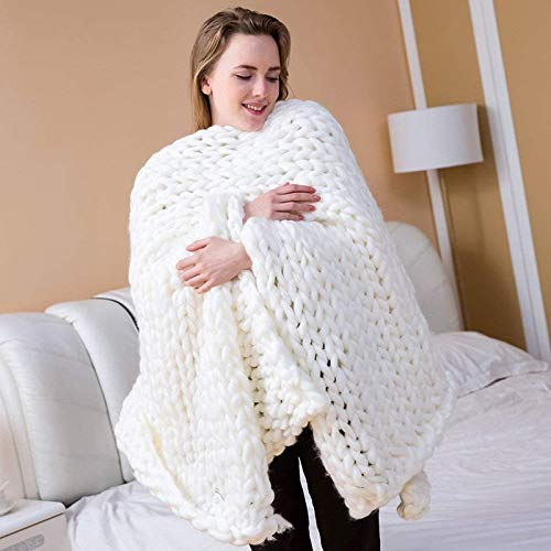 Ledph Große, grob gestrickte Decke, XXL-Polyester-Strickdecke, superweiche, Handgestrickte Überwürfe, schöne Stricküberwürfe für Wohnkultur, Couch, Bett, Stuhl, Sofa, Geschenk,Weiß,100 * 120 cm