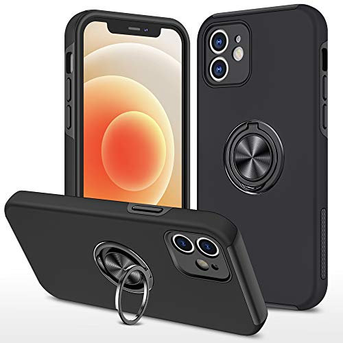 EYZUTAK Case for iPhone 12 6.1 inch, 360 Degree Rotation Magnetic Metal Finger Ring Holder Magnet Car Holder Inner Silicone with Camera Protection Glossy Anti-drop Hard Cover - Black