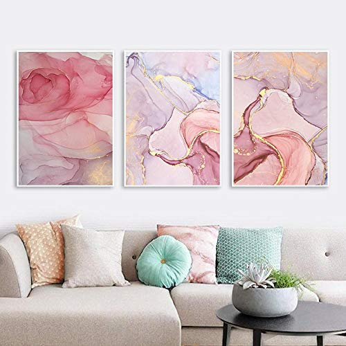 AdoDecor Tableau Toile Affiche Murale en marbre doré Rose Fleur Abstraite Toile Art Impression Peinture Image décorative Nordique 40x60cmx3 sans Cadre