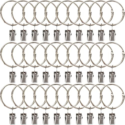 BetterJonny 30pcs Curtain Ring with Clips, 38mm Internal Diameter Strong Metal Curtain Clips with Hook Silver