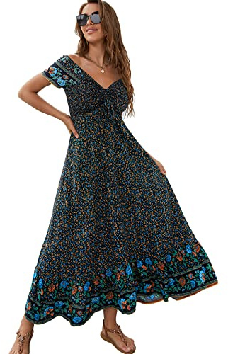 Womens V Neck Floral Flowy Boho Beach Maxi Dress Summer Ruffled Empire Waist A-Line Vintage Long Wrap Cocktail Dresses Navy