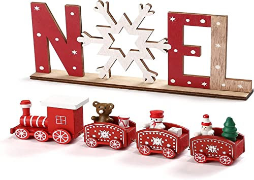 GWHOLE Train de Noel en Bois Lettres en Bois Decoration Table de Noel Ornement Bois Petit Train Noël Rouge avec Lettres Noël pour Cadeau Jouet Decoration Interieur Maison